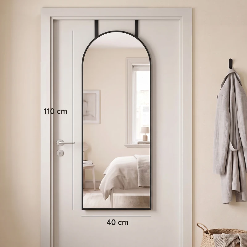 HOMCOM Oglindă de Perete Arcuită 110x40 cm, Ramă din Aluminiu, Cârlige, Design Modern, Negru
