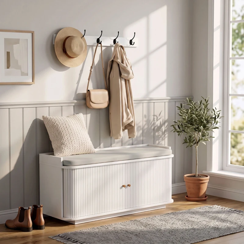 HOMCOM Hallway Storage Unit, Hallway Furniture Set with Shoe Storage Cabinet and 5 Hooks Coat Rack, White
