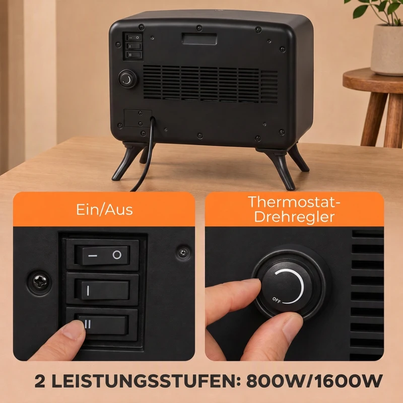 HOMCOM Elektrokamin 800/1600W elektrischer Kamin mit Heizung, Abnehmbarer Sockel, Einstellbarer Thermostat 3D-Flammeneffekt