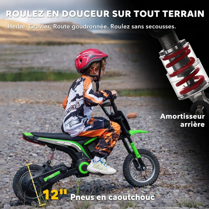 HOMCOM Moto cross électrique enfant moto électrique enfants moteur 350 W batterie 12V 8-16 km/h pneus gonflables 12'' vert