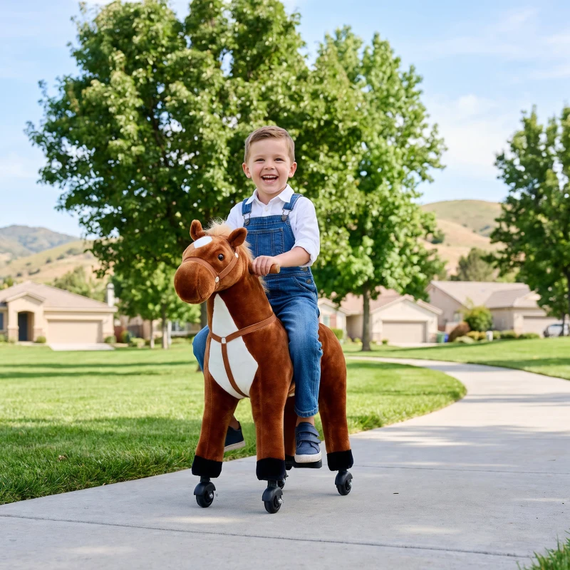 HOMCOM Cavallo a Dondolo per Bambini 2+ Anni con 4 Rotelle e Suoni Realistici, Dondolo per Bambini Imbottito con Poggiapiedi, 65x28x75 cm, Marrone
