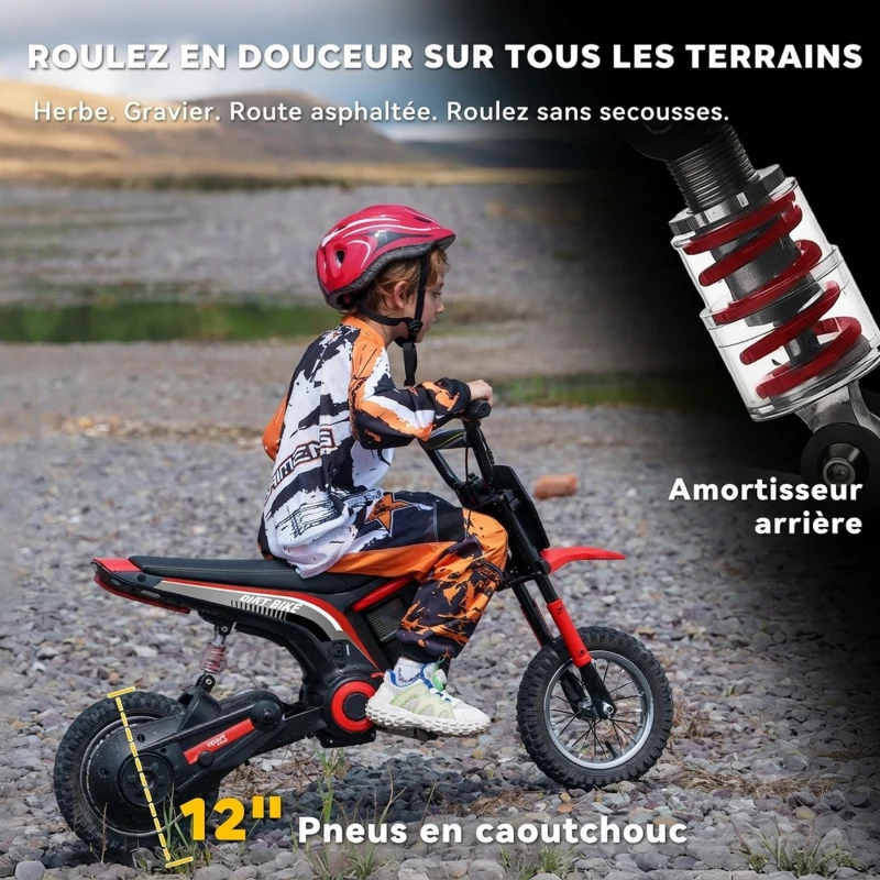HOMCOM Moto cross électrique enfant moto électrique enfants moteur 350 W batterie 12V 8-16 km/h pneus gonflables 12'' rouge(m-7)