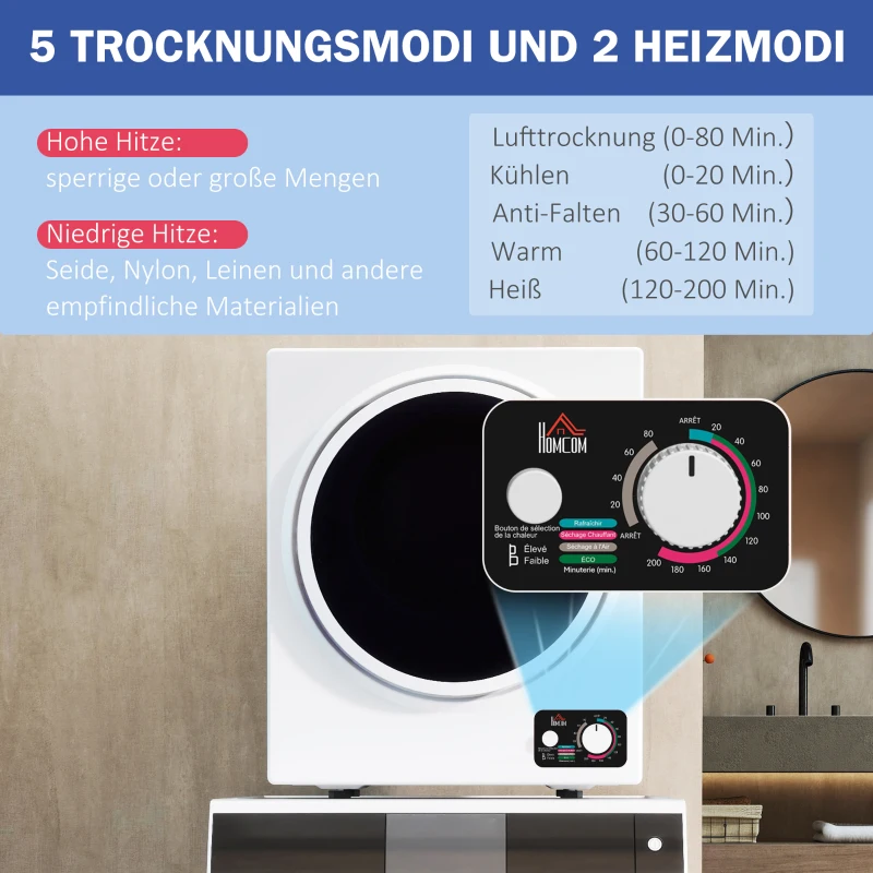 HOMCOM Mini Wäschetrockner 4 kg mit 4 Programme, 2 Heizstufen, Sterilisation bis zu 65℃ 850W für Kleidung