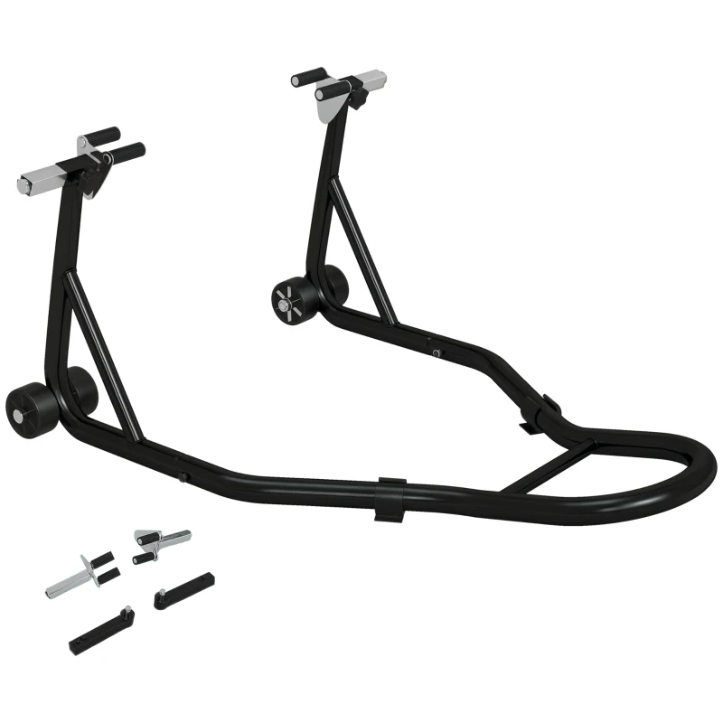HOMCOM Stand Față pentru Motocicletă cu Protecții Antiderapante, Adaptoare Reglabile pentru Bolțuri și Tip Furcă, Capacitate 200 kg, pentru Anvelope de 18", 17" și 10"