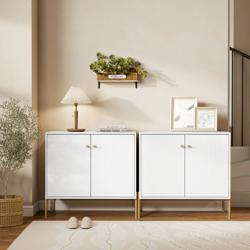 HOMCOM Modern Sideboard Cabinet with Fluted Doors, Kitchen Storage Cabinet with Adjustable Shelf and Steel Legs, White