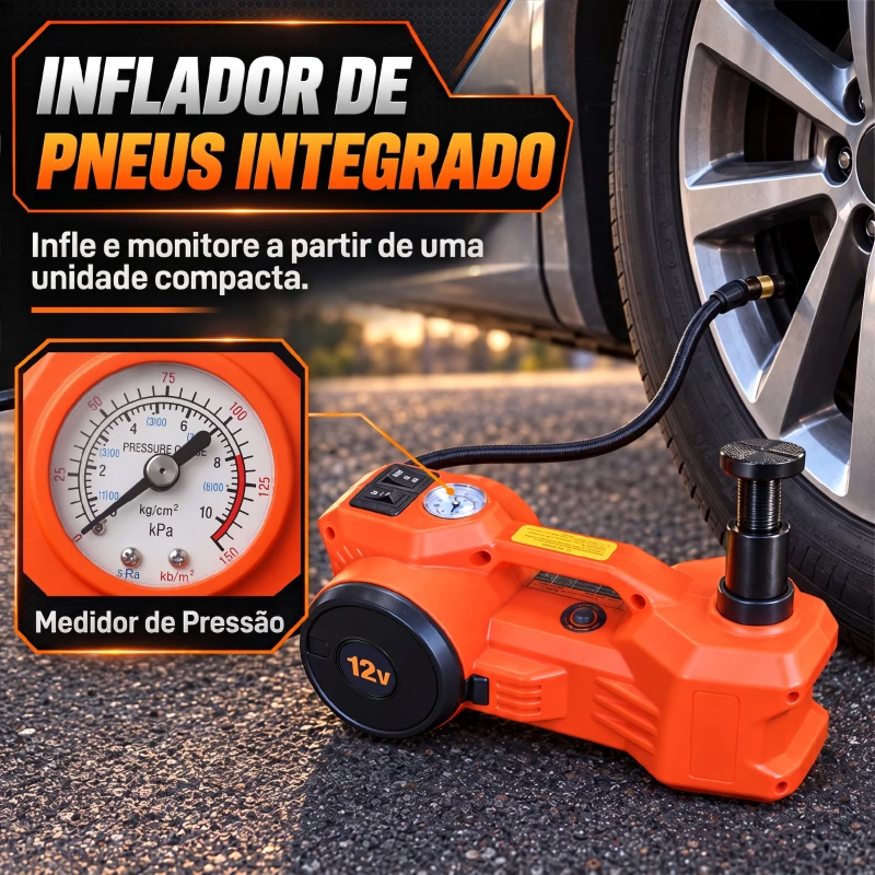 HOMCOM Kit de Macaco Hidráulico Elétrico 12V 5T, Elevação 15,5-45 cm, Bomba de Ar, Chave Sextavada e Mala com Refletor, Laranja
