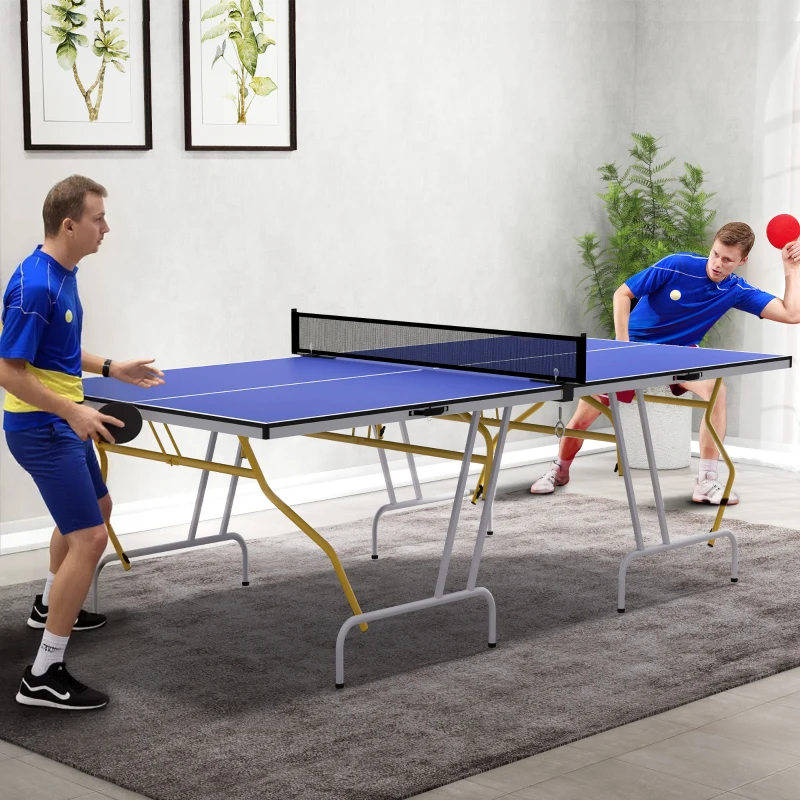 SPORTNOW Mesa de Ping Pong Plegable Mesa de Tenis de Mesa Diseño Compacto con Red y Reposapiés Ajustables 274x152,5x76 cm Azul