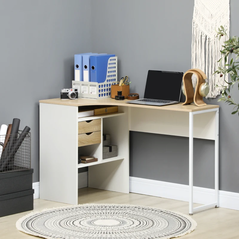 HOMCOM Escritorio Esquinero en L 120x60 cm con 2 Cajones y 3 Compartimentos Abiertos para Oficina Estudio Natural y Blanco