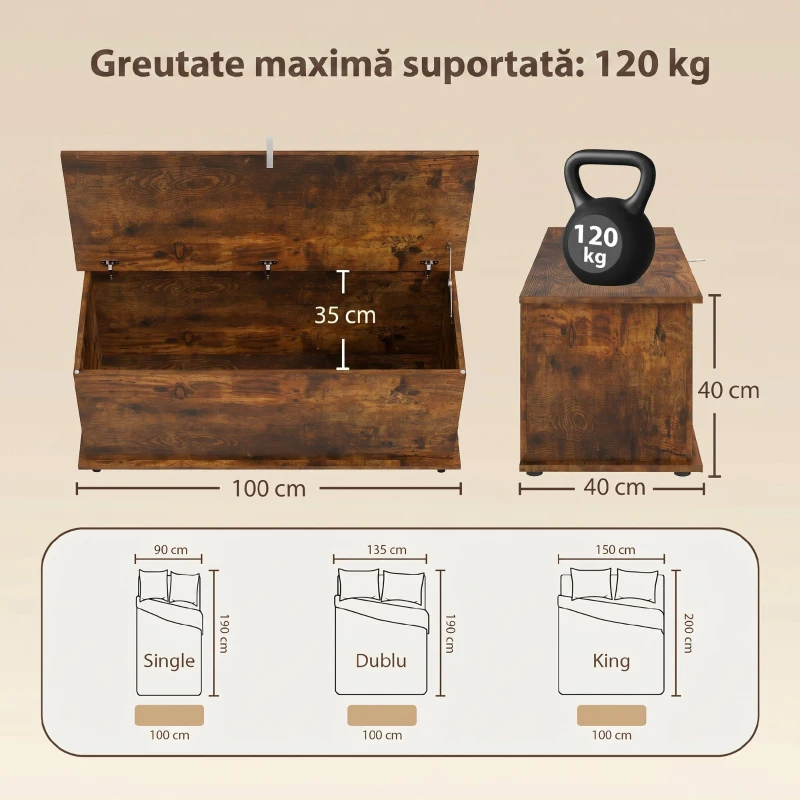 HOMCOM Bancă de depozitare cu capacitate de 120 kg pentru dormitor și hol, din lemn, 100x40x40 cm, maro