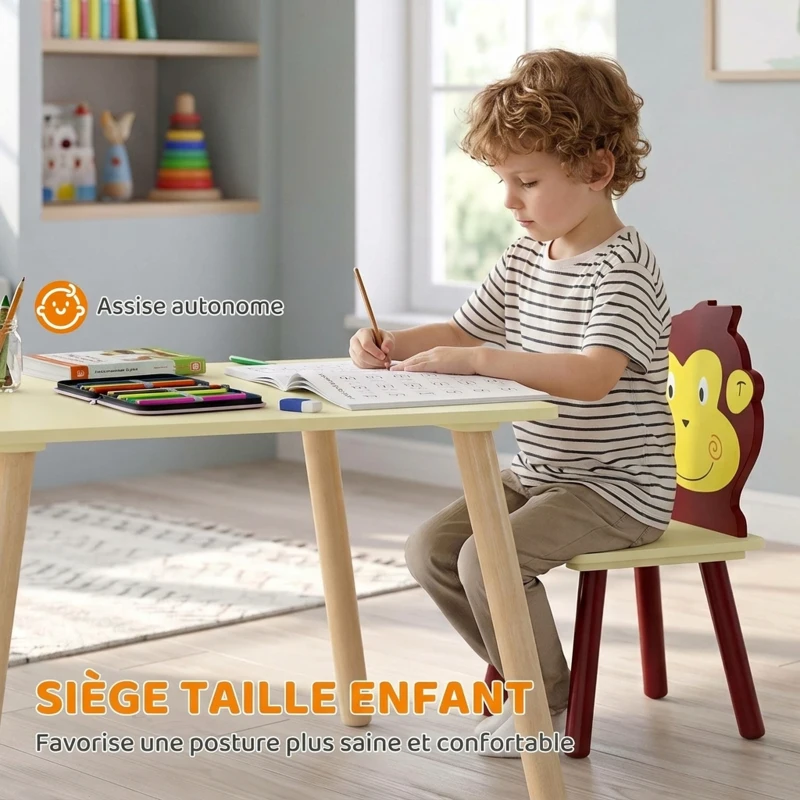 AIYAPLAY Ensembl Table pour Enfant avec 4 Chaises 5 Pièces en Bois, Dossier en Forme Animale, Coins Arrondis, 3-8 Ans, Jaune