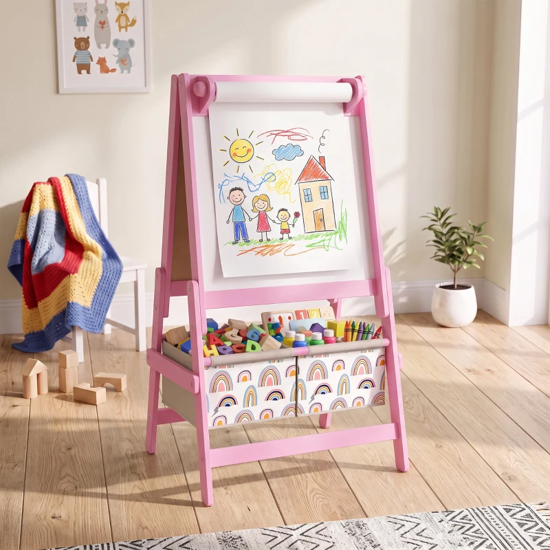AIYAPLAY Cavalete Infantil 3 em 1 Dupla Face, Quadro Negro e Quadro Branco, Rolo de Papel, Cestos, Prateleira, 3-8 Anos, Rosa