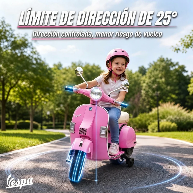 AIYAPLAY Moto Eléctrica Niños 12V Vespa PX150 Ruedas Auxiliares 2 Motores Suspensión Trasera Música Faros 3 km/h 3-6 Años Rosa