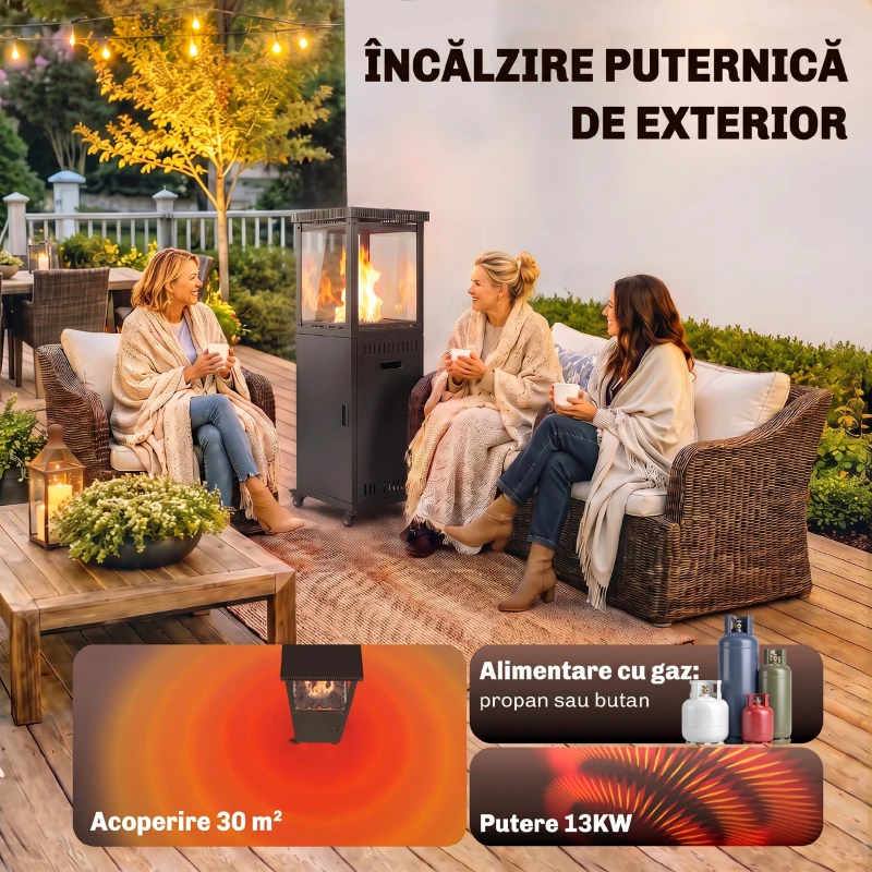 Outsunny Încălzitor pe Gaz pentru Exterior 13 kW, cu Roți și Pietre Lavice, Negru