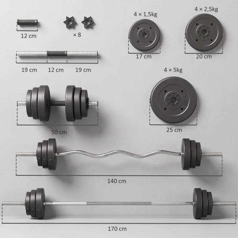 SPORTNOW Kit Haltères Musculation 50 kg 3 en 1, Poids Réglable Revêtement PP, Barre Antidérapante, Verrouillage, Noir