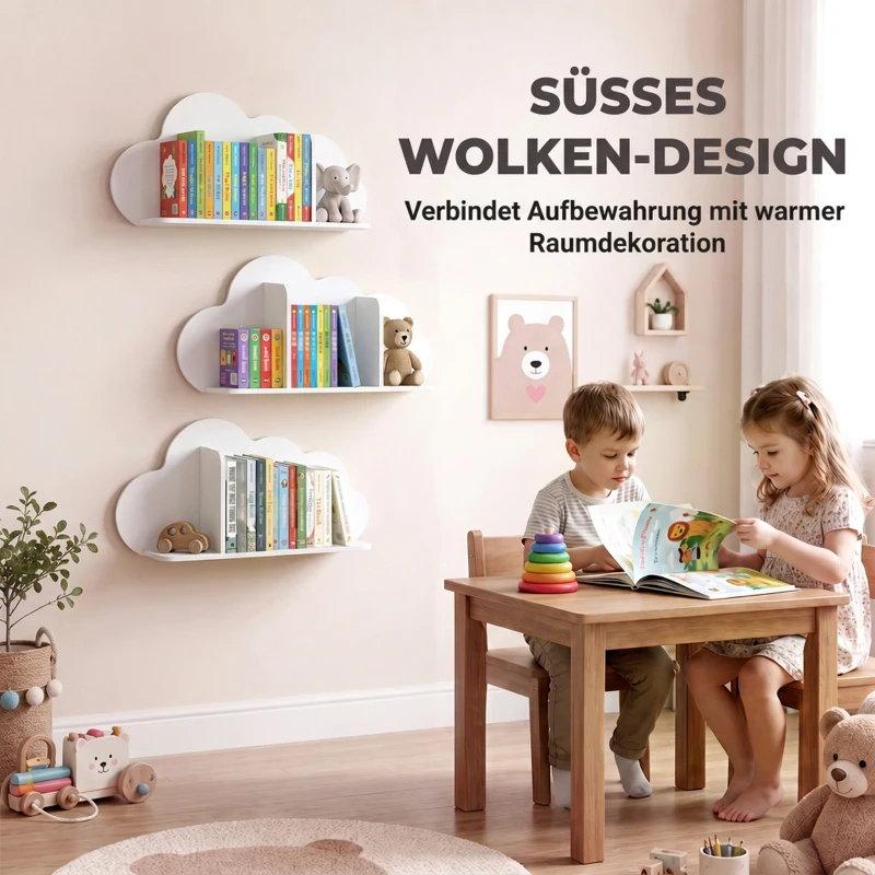 AIYAPLAY Zestaw 3 półek ściennych dla dzieci 60cm półka na książki w kształcie chmury wisząca Montessori dla 3–8 Biały