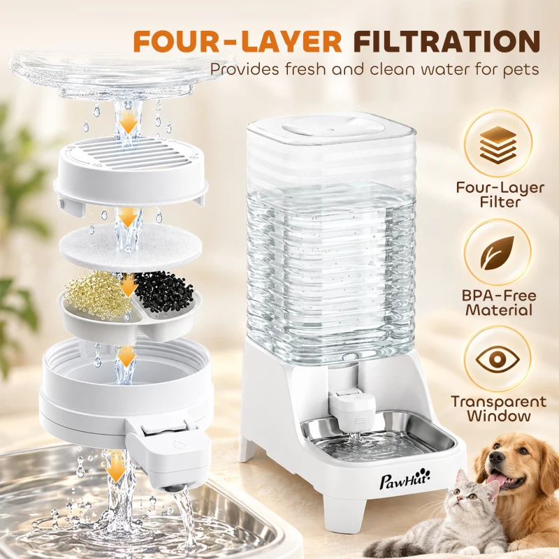 PawHut Distributeur d'Eau Automatique pour Chiens et Chats 8L Robinet Breveté Bol Acier Inox sans BPA 19,3x32,8x43,4cm Blanc