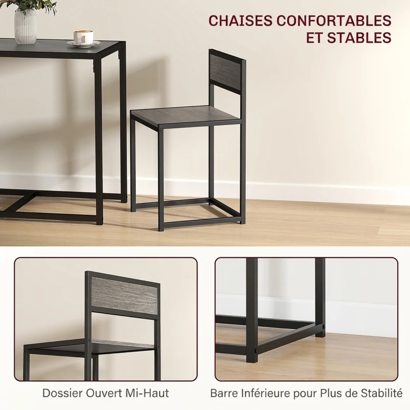 HOMCOM Ensemble table et chaises , table à manger 3 pièces avec 2 chaises encastrables, pour cuisine salon maison, gris