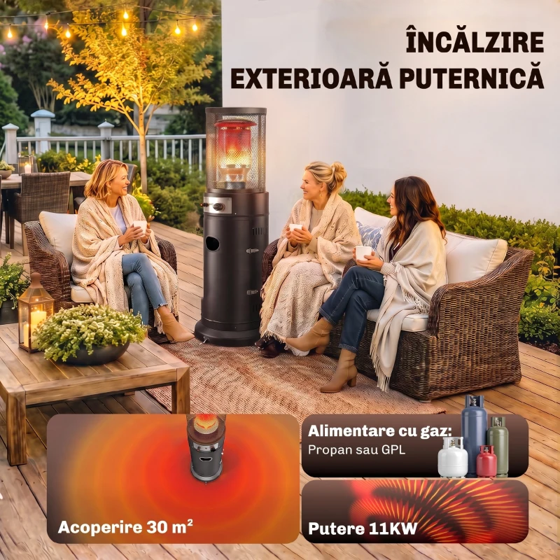 Outsunny Încălzitor de Terasă pe Gaz 11 kW, Portabil, cu Roți, Negru
