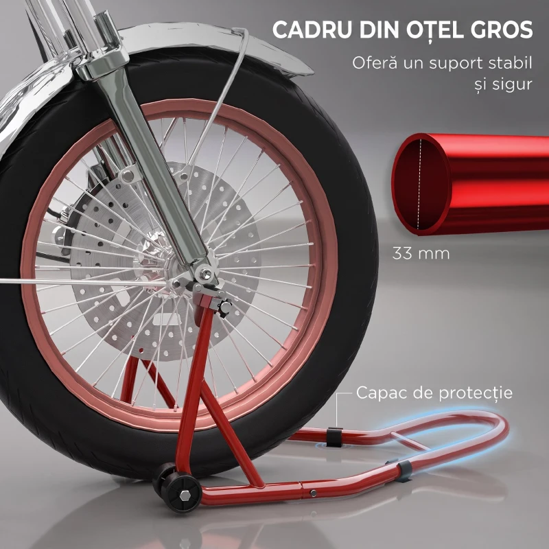 HOMCOM Stand Față pentru Motocicletă cu Protecții Antiderapante, Adaptoare Reglabile pentru Pini și Tip Furcă, 200 kg, pentru Anvelope de 18", 17" și 10"