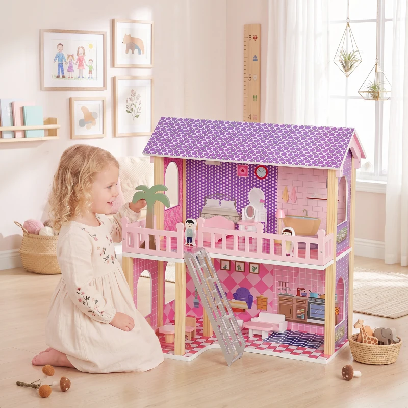AIYAPLAY Casa delle Bambole in Legno per Bambini, 2 Piani, 11 Mobili e 2 Bambole, Regalo per Ragazze 3-6 Anni, Rosa