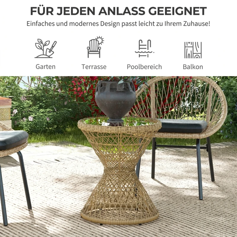 Outsunny Couchtafel Bijzettafel Boho-Design, Glazen Blad, PE-Rattan, 45 cm x 45 cm x 52 cm, Natuurlijk