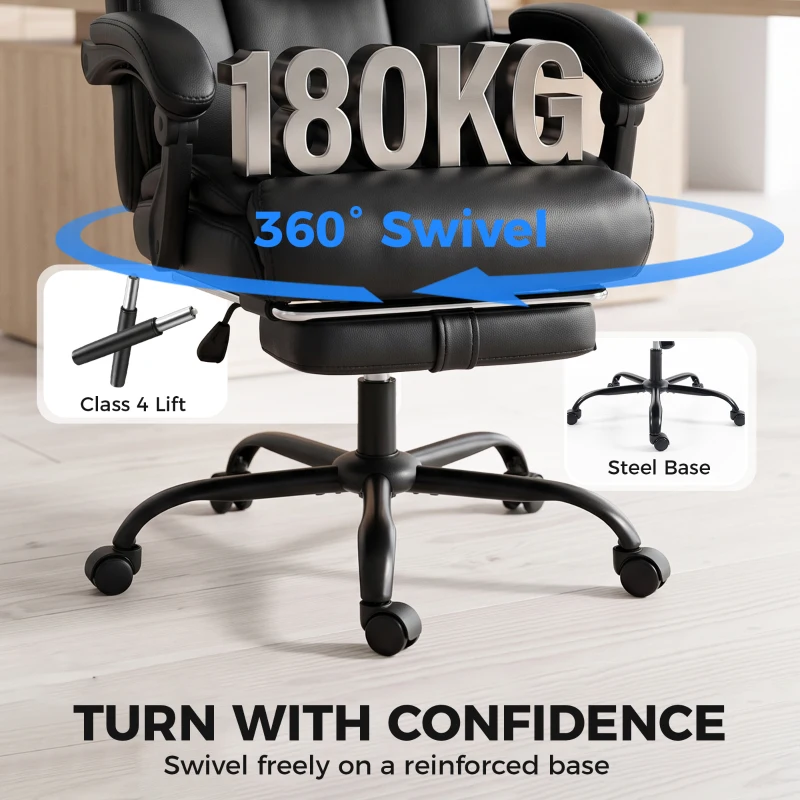 HOMCOM Executive Office Chair, 180kg Big and Tall PU Desk Chair with Linked Armrests, Pocket Spring Cushion, Adjustable Height, Rocking Function, 165° Reclining Backrest, Footrest, PU Casters, Black