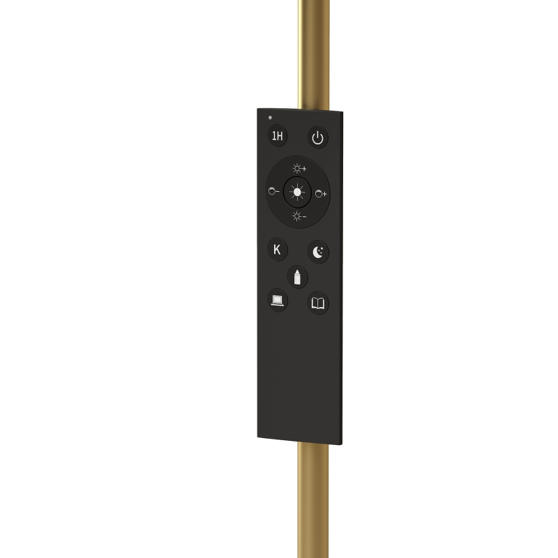 HOMCOM Modern Floor Lamp with Shelf, Dimmable Floor Lamp with Linen Shade, RF Remote and Foot Switch for Living Room, Gold Tone