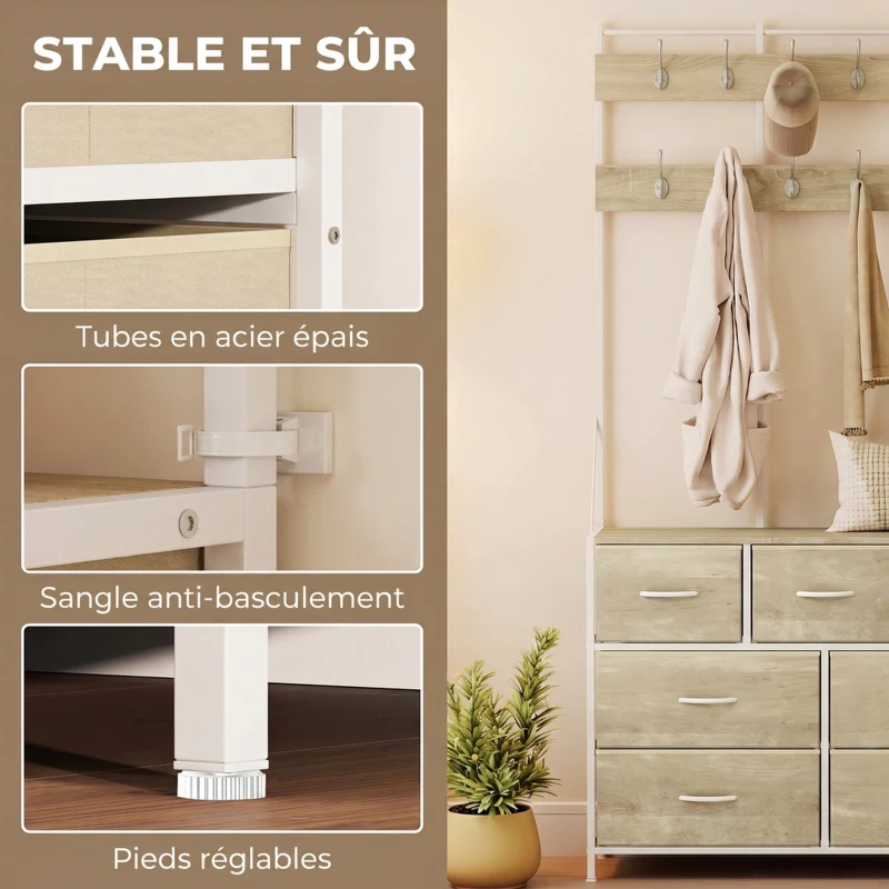 HOMCOM Porte-Manteau 4 en 1, Meuble d'Entrée avec 7 Tiroirs Pliables en Tissu, 14 Crochets et Panneau Grillagé, Chêne