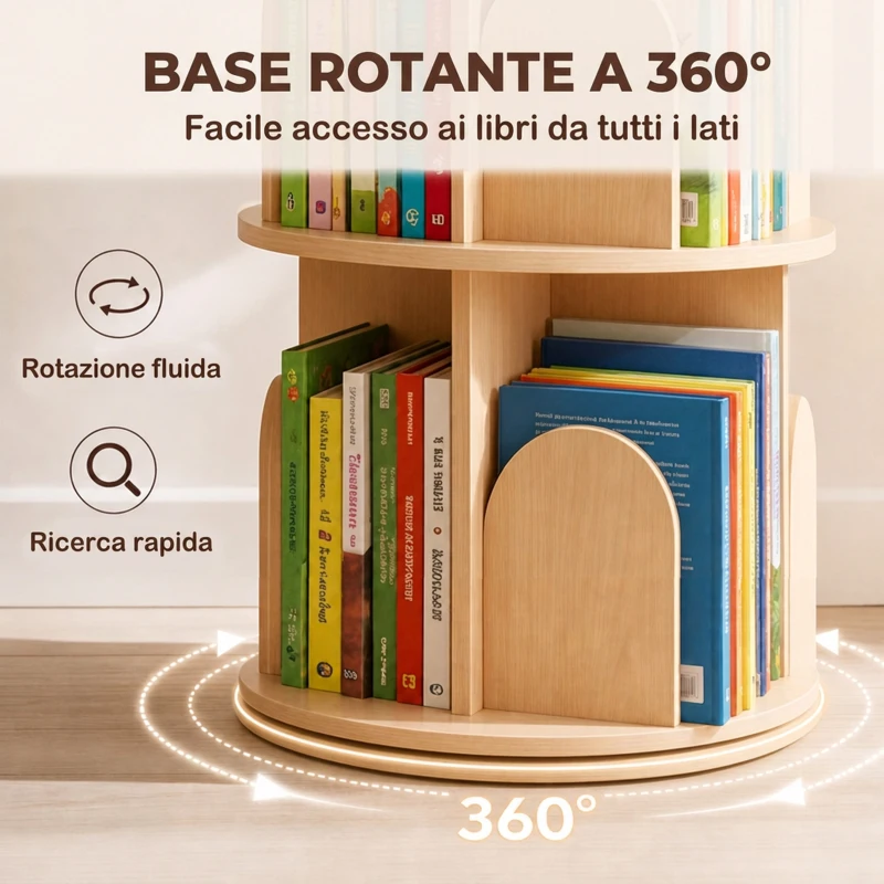 AIYAPLAY Libreria Girevole per Bambini a 3 Livelli, Angoli Arrotondati, 46x46x97 cm, Color Legno