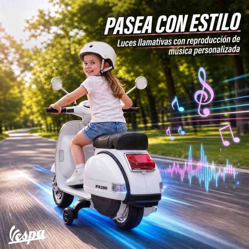AIYAPLAY Moto Eléctrica Niños 12V Vespa PX150 Ruedas Auxiliares 2 Motores Suspensión Trasera Música Faros 3 km/h 3-6 Años Blanco