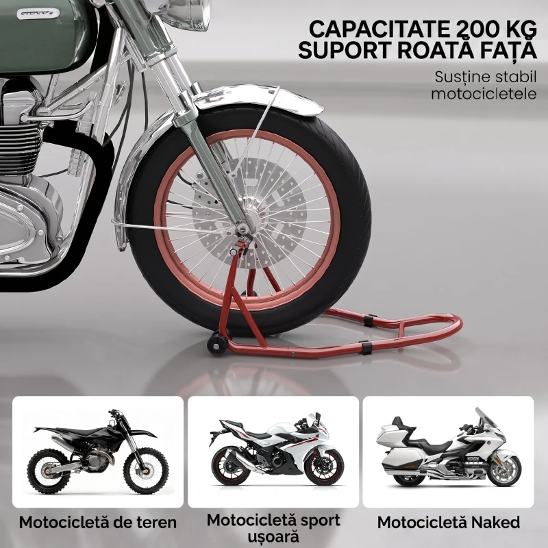 HOMCOM Stand Față pentru Motocicletă cu Protecții Antiderapante, Adaptoare Reglabile pentru Pini și Tip Furcă, 200 kg, pentru Anvelope de 18", 17" și 10"