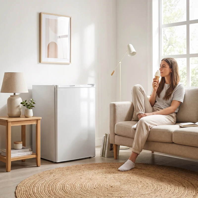 HOMCOM Mini-congelator 85 L, congelator vertical compact cu balamale reversibile și temperatură reglabilă, Alb