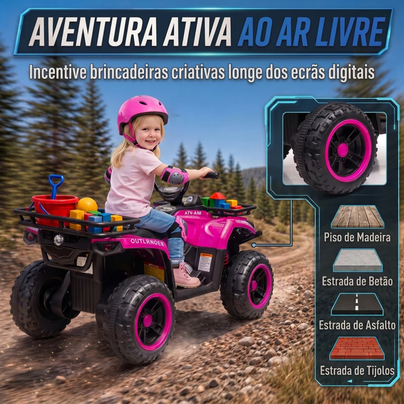 AIYAPLAY Quad Elétrico Infantil 12V com 2 Motores, Bateria de Lítio, 2 Cestos e MP3, Rosa, 3-8 Anos