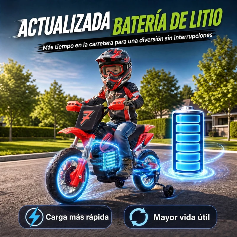 AIYAPLAY Moto Eléctrica Niños 12V con 2 Ruedas Auxiliares Desmontables 2 Motores Suspensión Trasera 3 km/h 3-6 Años Rojo