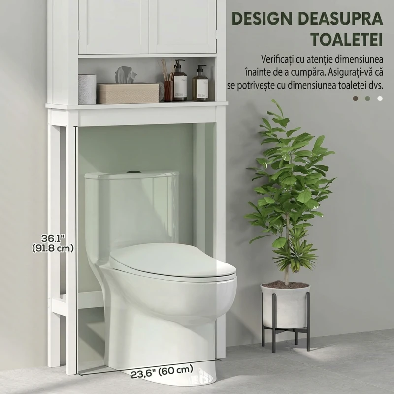 HOMCOM Dulap deasupra toaletei cu 2 uși și raft deschis, bară inferioară, 70x20x175 cm, alb