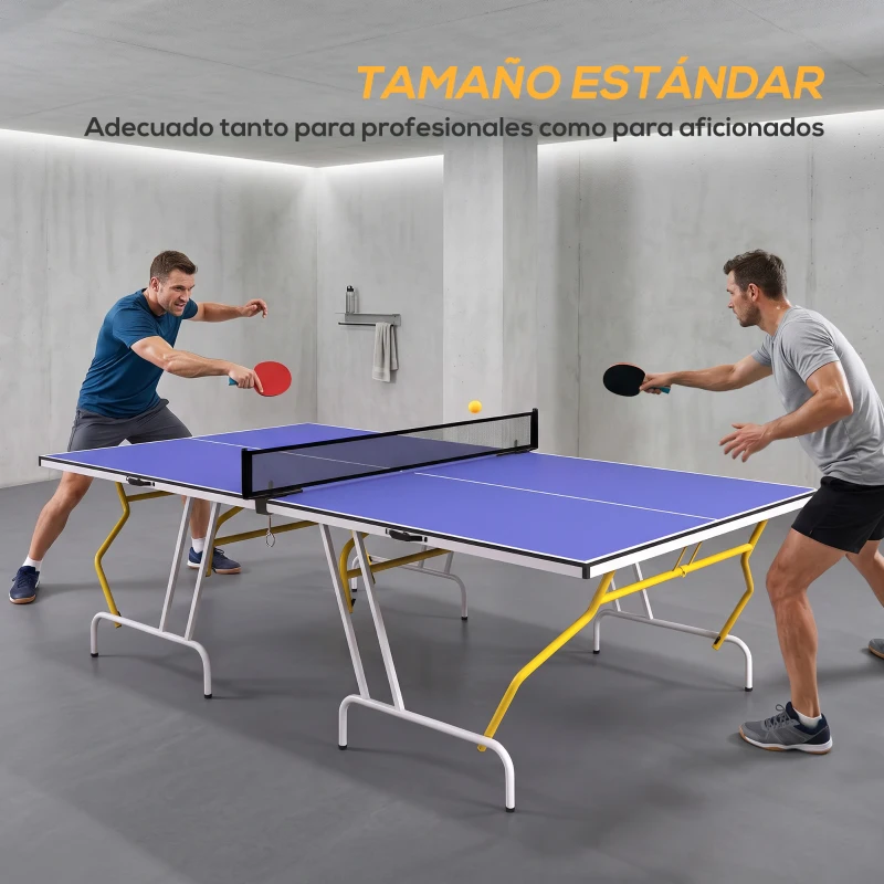 SPORTNOW Mesa de Ping Pong Plegable Mesa de Tenis de Mesa Diseño Compacto con Red y Reposapiés Ajustables 274x152,5x76 cm Azul