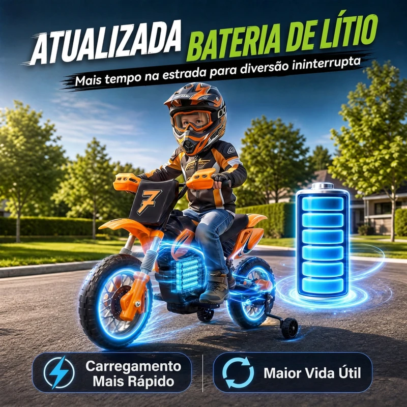 AIYAPLAY Moto Elétrica Infantil 12V com 2 Rodas Auxiliares Removíveis, 2 Motores, Suspensão Traseira, Música, 3 km/h, 3-6 Anos, Laranja