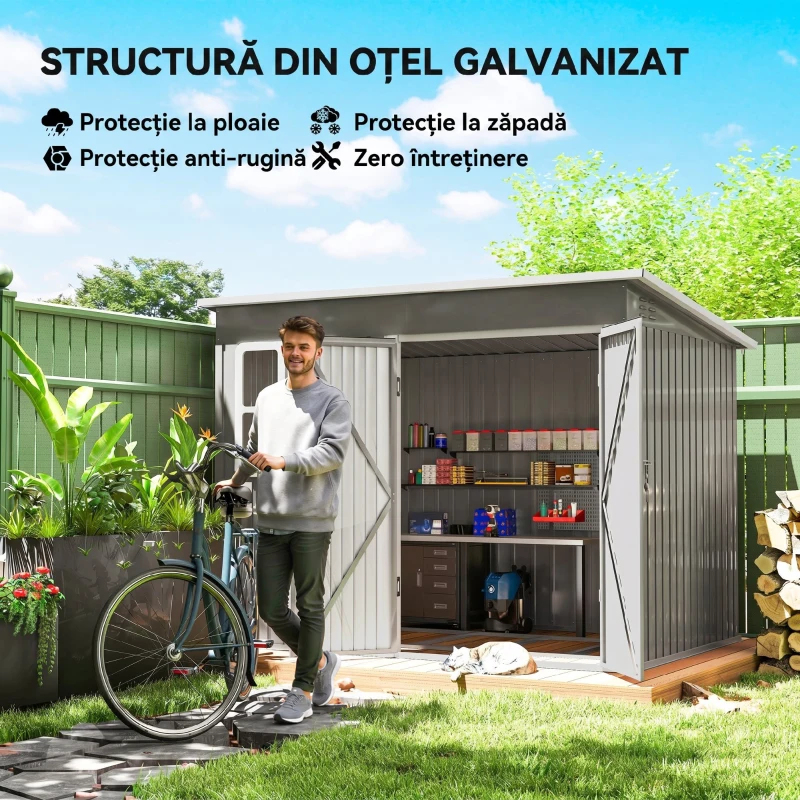 Outsunny Căsuță de grădină 4,13 m² din oțel galvanizat cu kit de fundație, acoperiș înclinat, ușă dublă cu încuietoare, orificii de aerisire, fereastră, gri