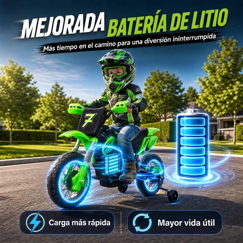 AIYAPLAY Moto Eléctrica Niños 12V con 2 Ruedas Auxiliares Desmontables 2 Motores Suspensión Trasera 3 km/h 3-6 Años Verde