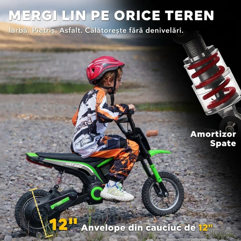HOMCOM Motocicletă Electrică pentru Copii cu Accelerație Manuală, 2 Viteze, 8-16 km/h, Vârsta 8-12 Ani, Verde