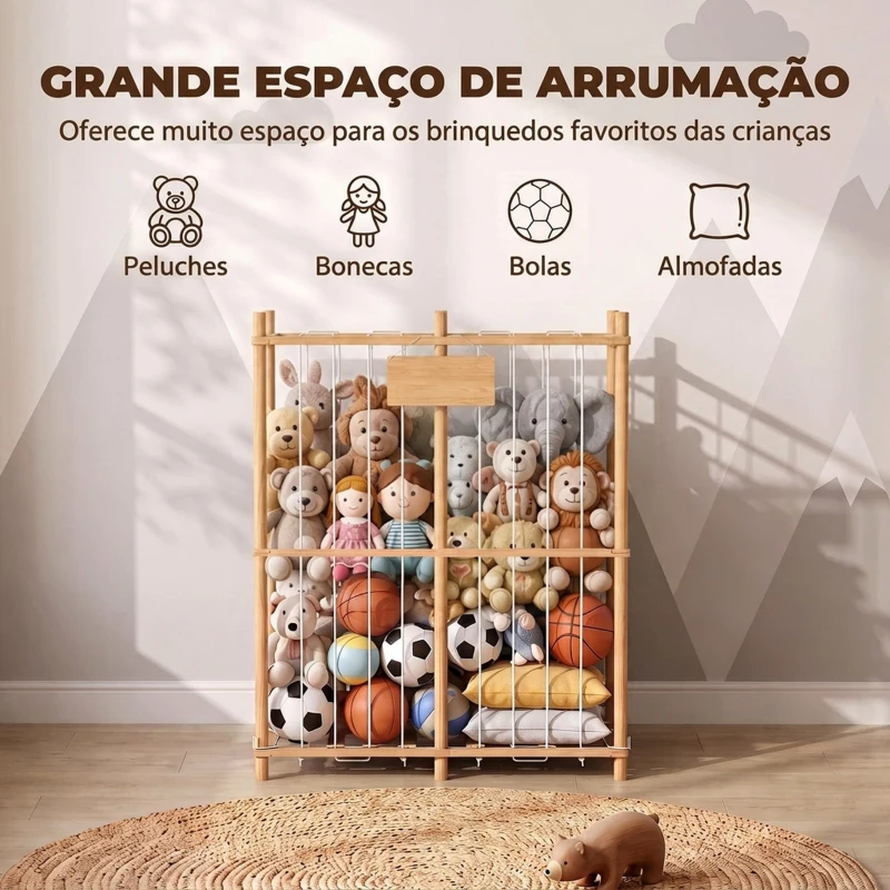 AIYAPLAY Organizador de Peluches em Madeira com Cordões Elásticos, Estante Infantil para Brinquedos, 3-8 Anos, 76x40x94,5 cm, Natural