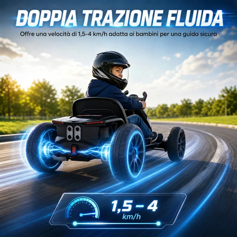 AIYAPLAY Go-Kart Elettrico per Bambini 3-6 Anni con Doppio Motore 12V, Fari LED, 1.5-4 km/h, Nero