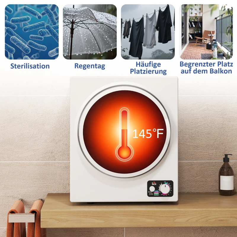 HOMCOM Mini Wäschetrockner 4 kg mit 4 Programme, 2 Heizstufen, Sterilisation bis zu 65℃ 850W für Kleidung