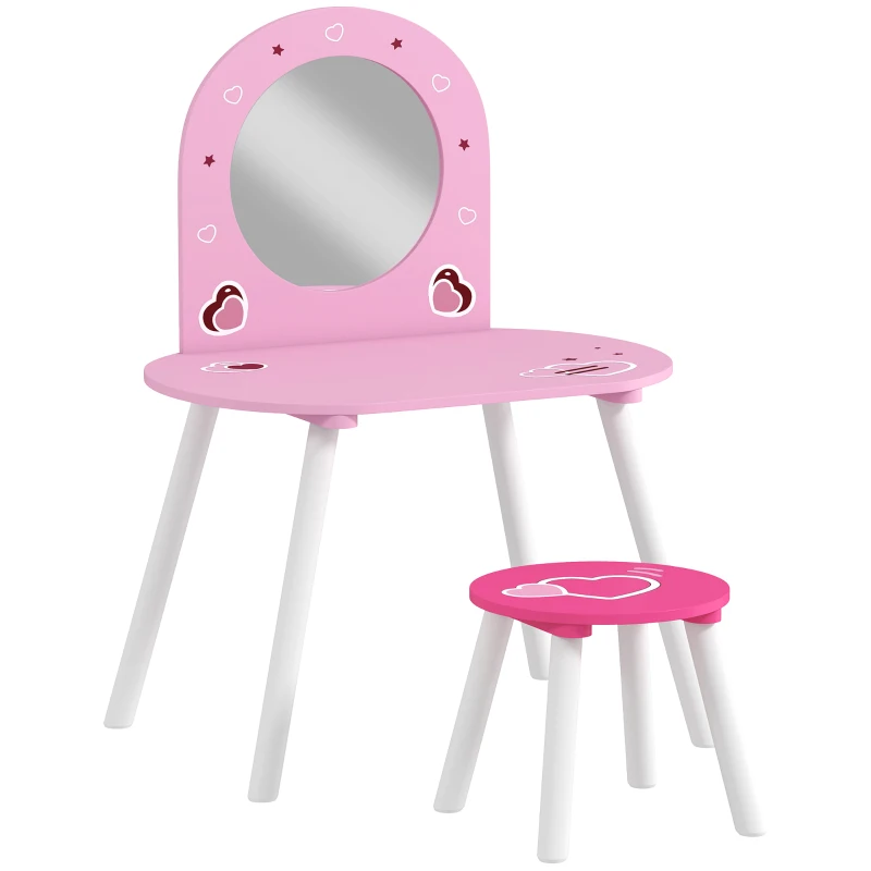 AIYAPLAY Set Toeletta Trucco Bambina 3-6 Anni con Sgabello, Specchio Infrangibile, Design con Cuori, Rosa