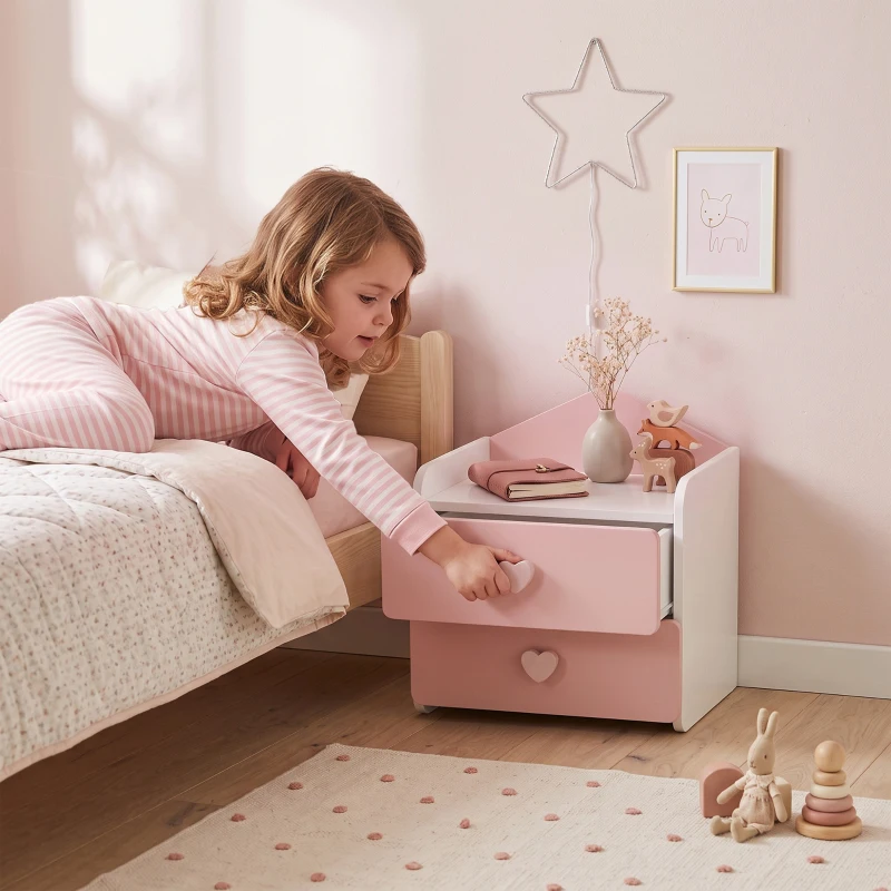 AIYAPLAY Mesita de Noche Infantil con 2 Cajones Montessori Bordes Redondeados para Niños de 3 a 8 Años 34x31x36 cm Rosa