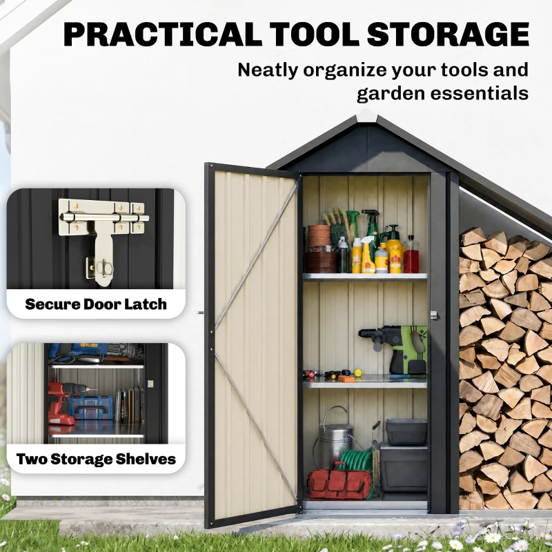 Outsunny 2 in 1 Galvanised Steel Firewood Shed, Outdoor Log Storage Shed with Tool Cabinet and Firewood Rack, Dark Grey