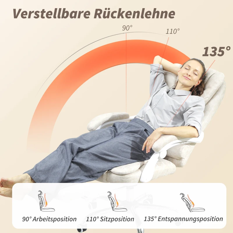 Vinsetto Bürostuhl mit Massagefunktion, ergonomisch, 65x160x104cm, Cremeweiß