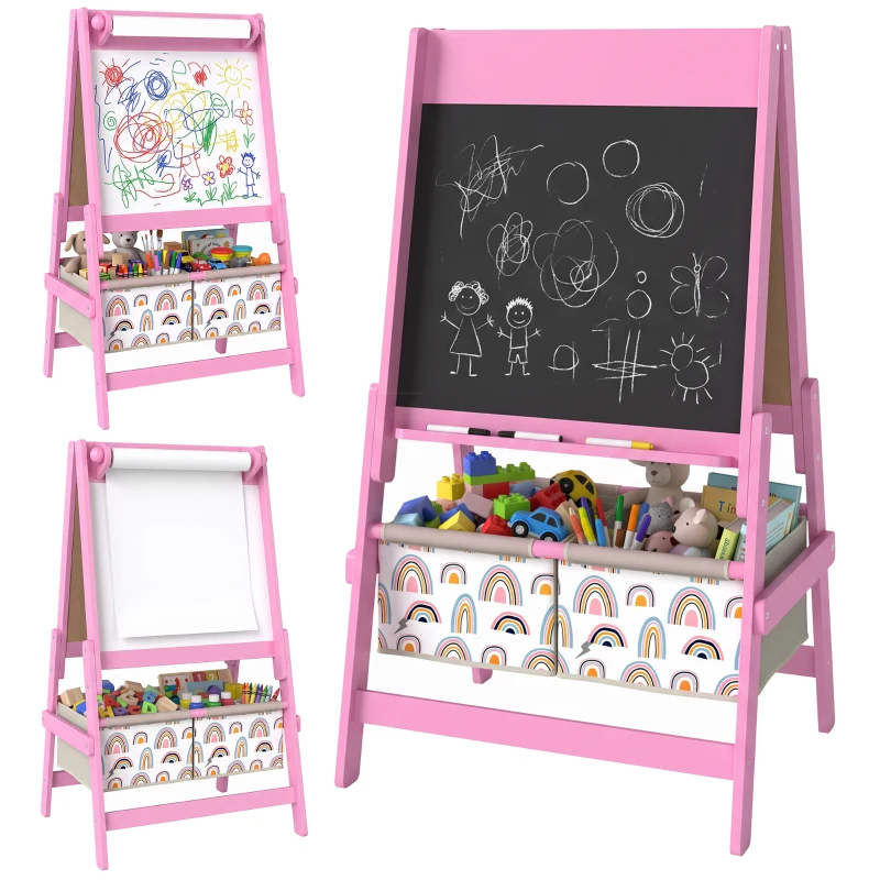 AIYAPLAY Cavalete Infantil 3 em 1 Dupla Face, Quadro Negro e Quadro Branco, Rolo de Papel, Cestos, Prateleira, 3-8 Anos, Rosa