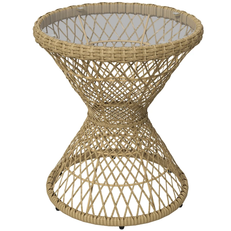 Outsunny Couchtisch Beistelltisch Boho-Design, Glasplatte, PE-Rattan, 45 cm x 45 cm x 52 cm, Natur