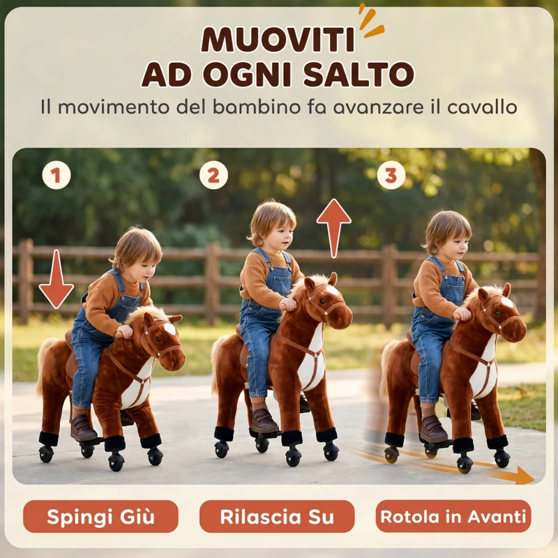 HOMCOM Cavallo a Dondolo per Bambini 2+ Anni con 4 Rotelle e Suoni Realistici, Dondolo per Bambini Imbottito con Poggiapiedi, 65x28x75 cm, Marrone